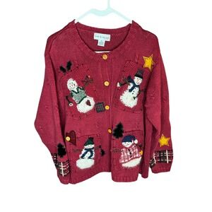 Heavy Vintage Woman Red Snowman Embroidered Button Cardigan Sweater Size 1X